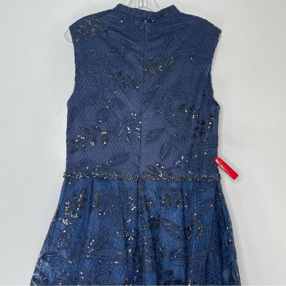 Mac Duggal 20098 Size 14 High Mock-Neck Beaded Column Gown with Overskirt, Navy - Picture 6 of 14